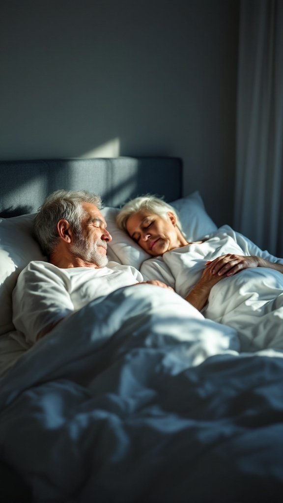 An elderly couple sleeping peacefully in bed