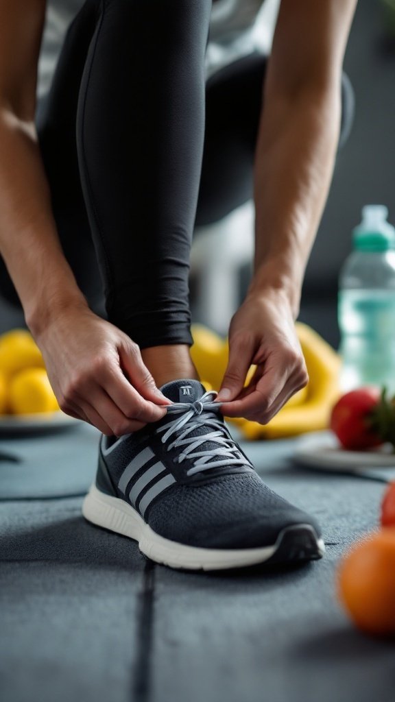 A person tying shoelaces on workout shoes, surrounded by fruits and a water bottle, symbolizing fitness and health.