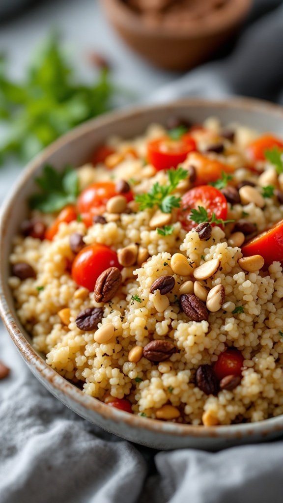 A vibrant bowl of quinoa salad with cherry tomatoes, nuts, and fresh herbs.