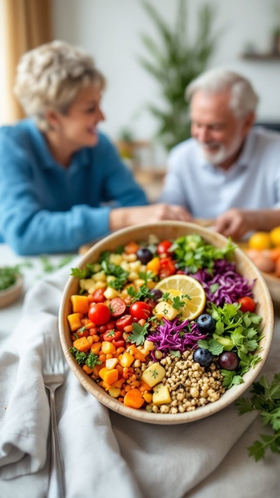 A colorful bowl of quinoa salad with vegetables, enjoyed by a couple in the background.