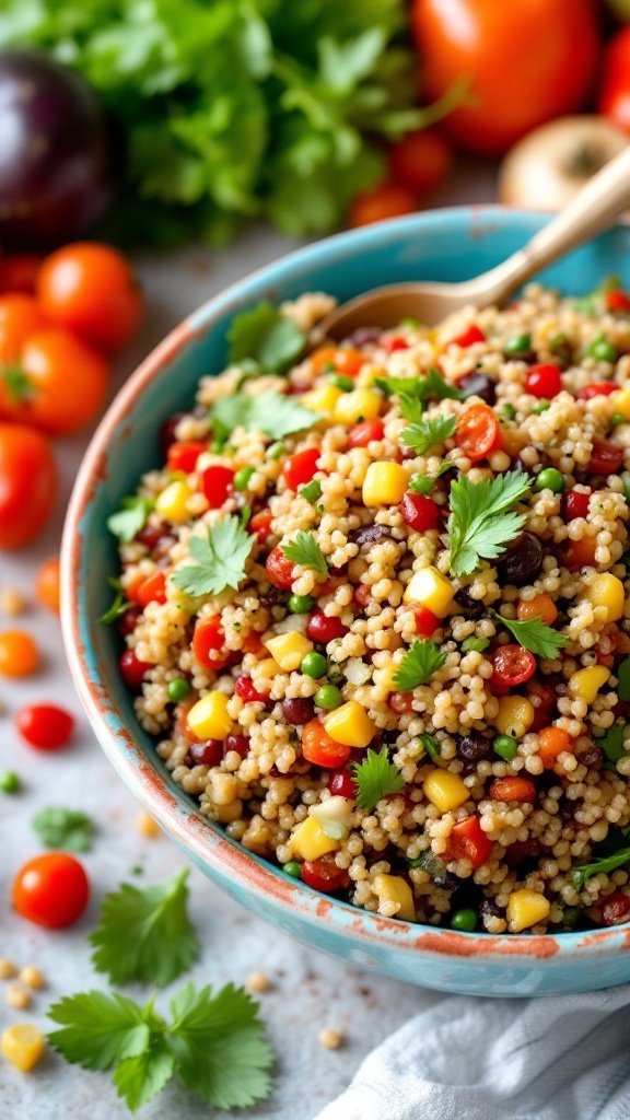 A colorful quinoa salad with vegetables in a bowl