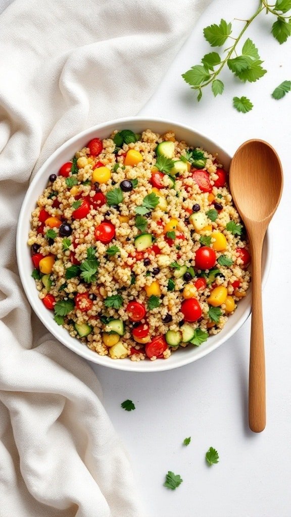A bowl of colorful quinoa salad with vegetables and herbs