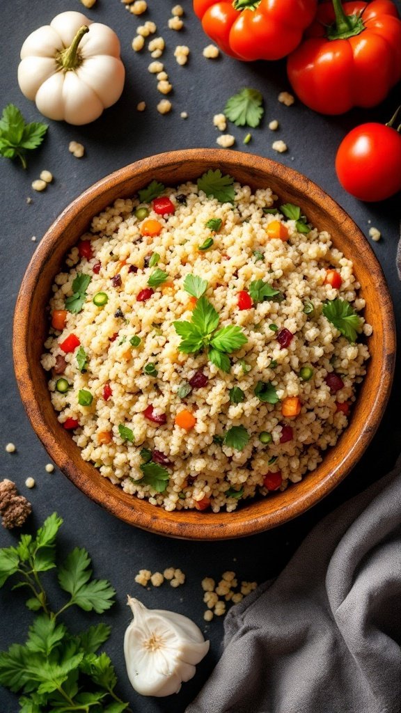 A bowl of quinoa salad with colorful vegetables and herbs.