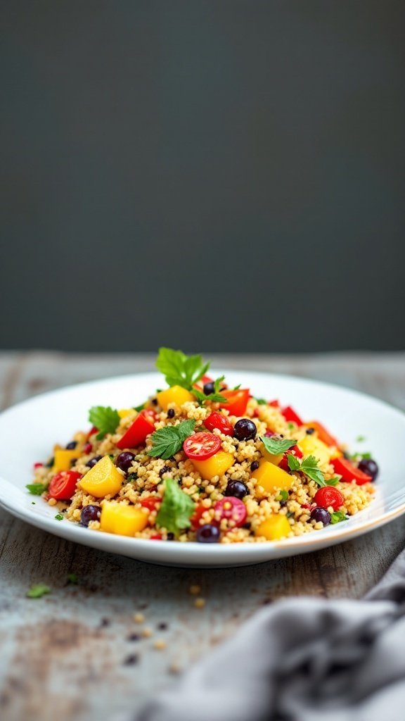 A colorful quinoa salad with red peppers, mango, cherry tomatoes, and fresh herbs on a white plate.