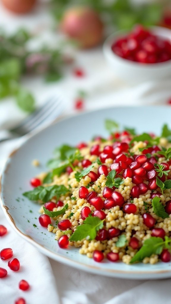A plate of quinoa salad topped with pomegranate seeds and fresh herbs