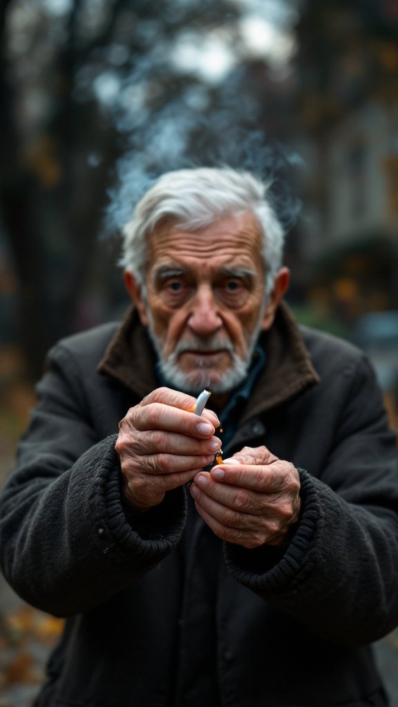 An elderly man holding a cigarette as he contemplates quitting smoking