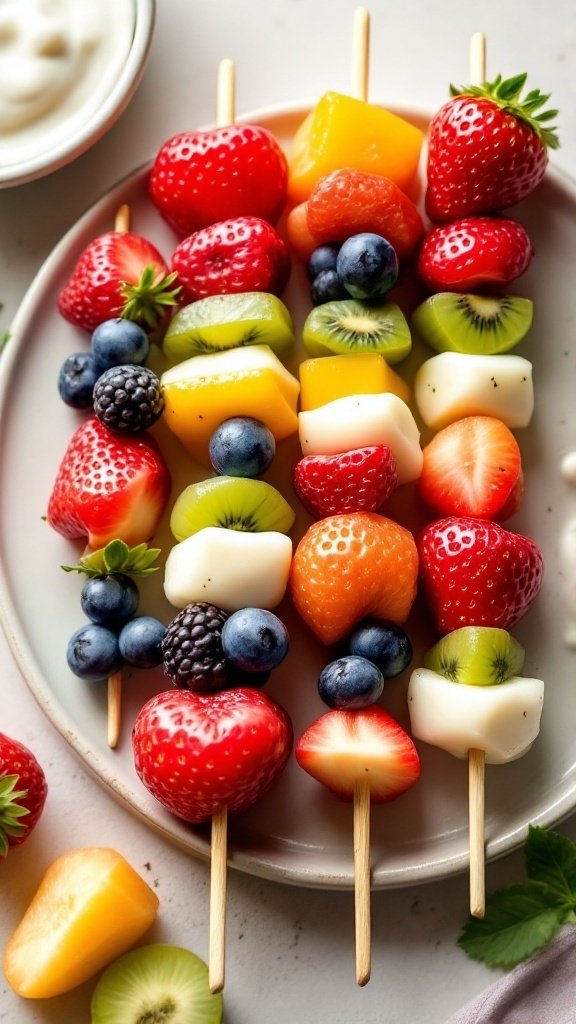 A plate of colorful fruit kabobs made with strawberries, blueberries, kiwi, and mango, served with a yogurt dip.