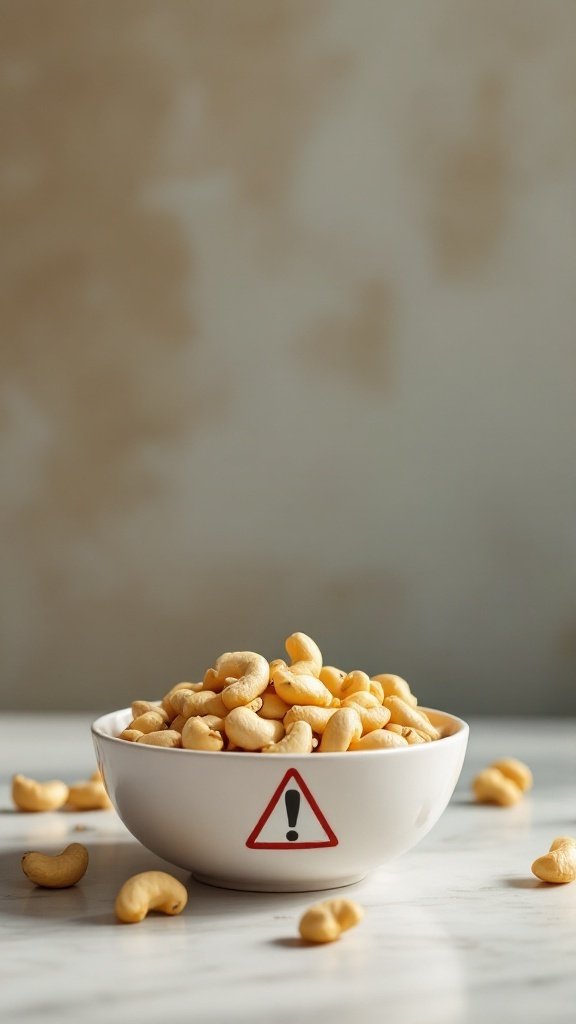 A bowl of raw cashews with a caution sign