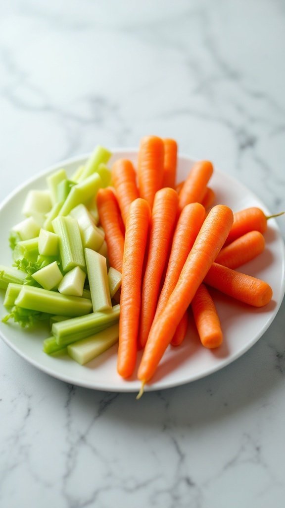 A plate with raw carrots and celery sticks, highlighting potential choking hazards for seniors.
