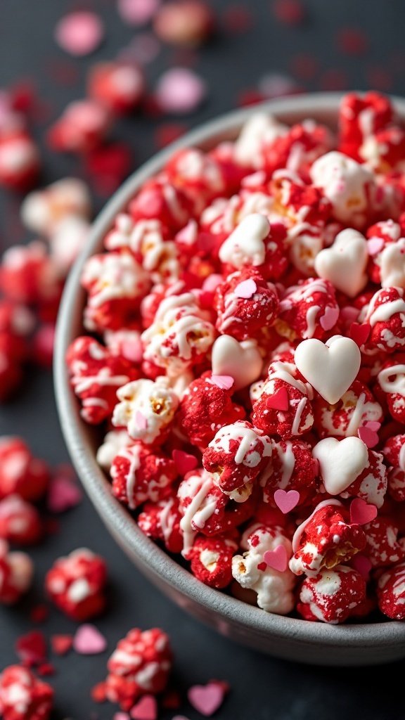 A bowl of red velvet popcorn drizzled with white chocolate, decorated with heart-shaped sprinkles, surrounded by colorful confetti.