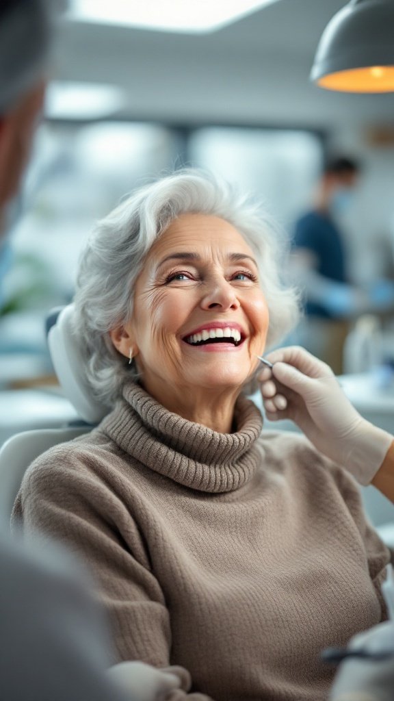 An older woman smiling at her dental appointment, showcasing the importance of regular dental care.
