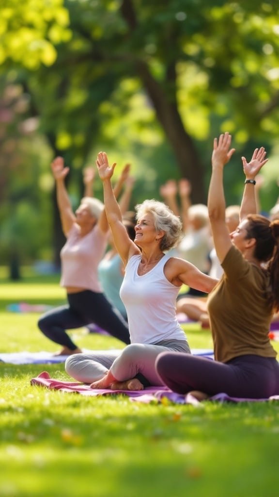 Group of older adults practicing yoga in a park
