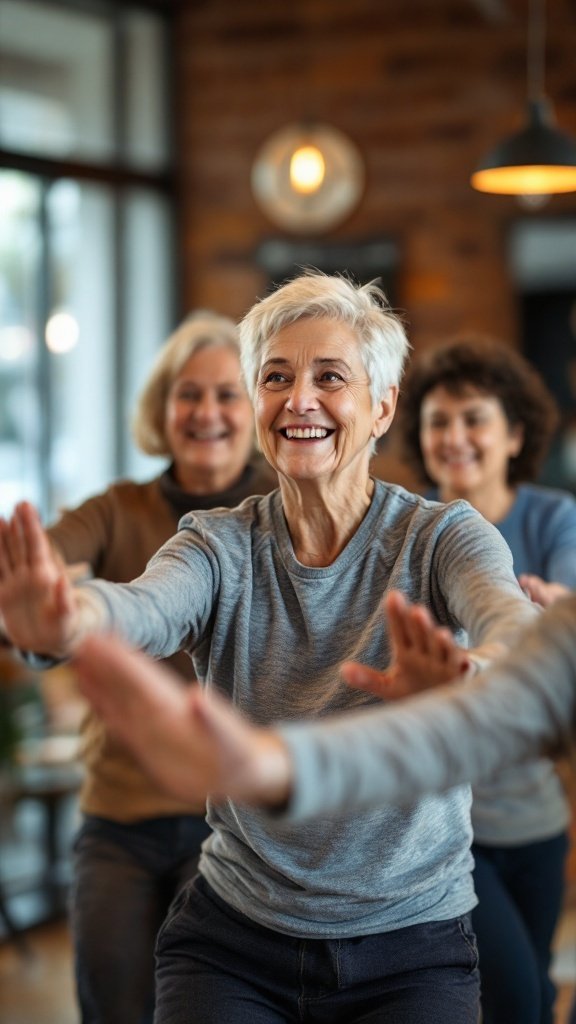 Seniors participating in an exercise class, smiling and engaging in physical activity.