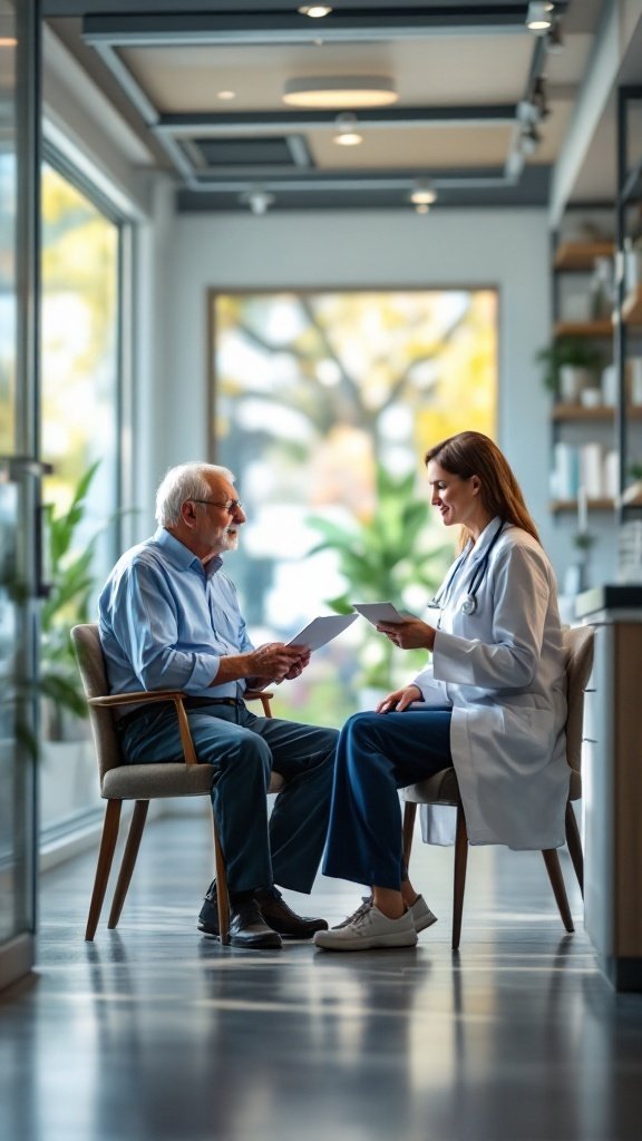 An older man sitting with a healthcare professional in a clinic, engaged in discussion about health.