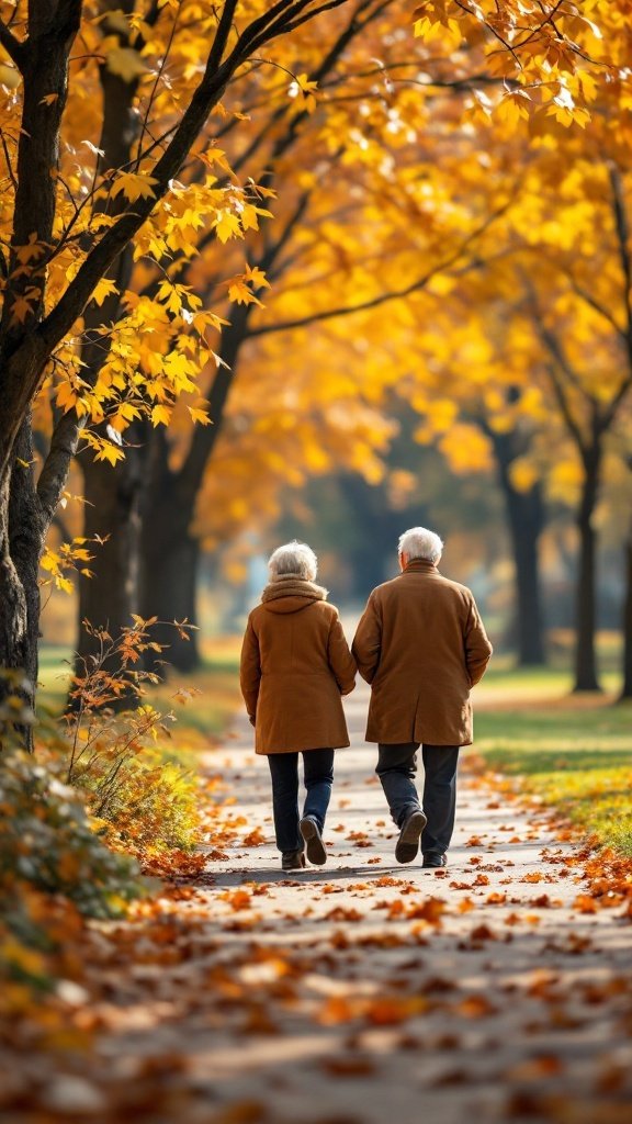 An elderly couple walking hand in hand in a park filled with autumn leaves.