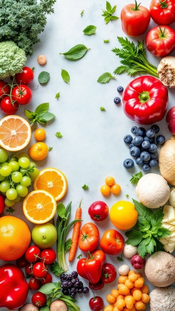 A colorful assortment of fresh fruits and vegetables arranged on a light background.