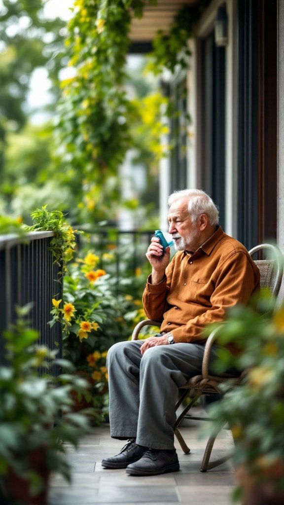 Elderly man using an inhaler on a balcony surrounded by plants.