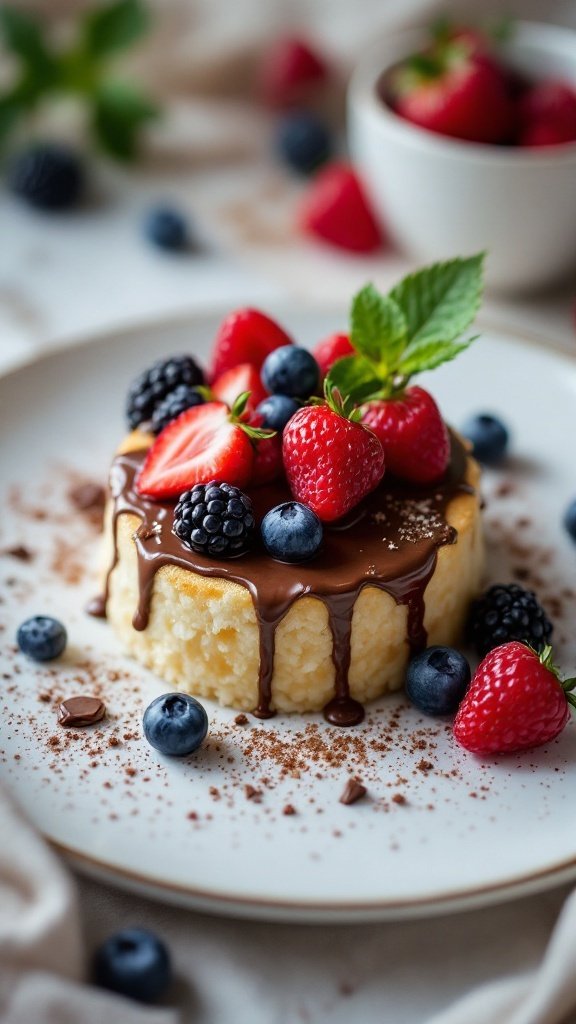 A rice cake topped with Nutella and various berries, including strawberries, blueberries, and blackberries, served on a white plate.