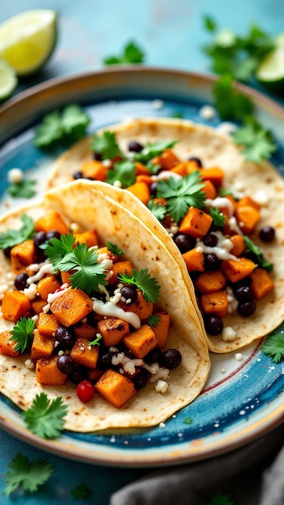 Two roasted sweet potato and black bean tacos on a colorful plate, garnished with cilantro.