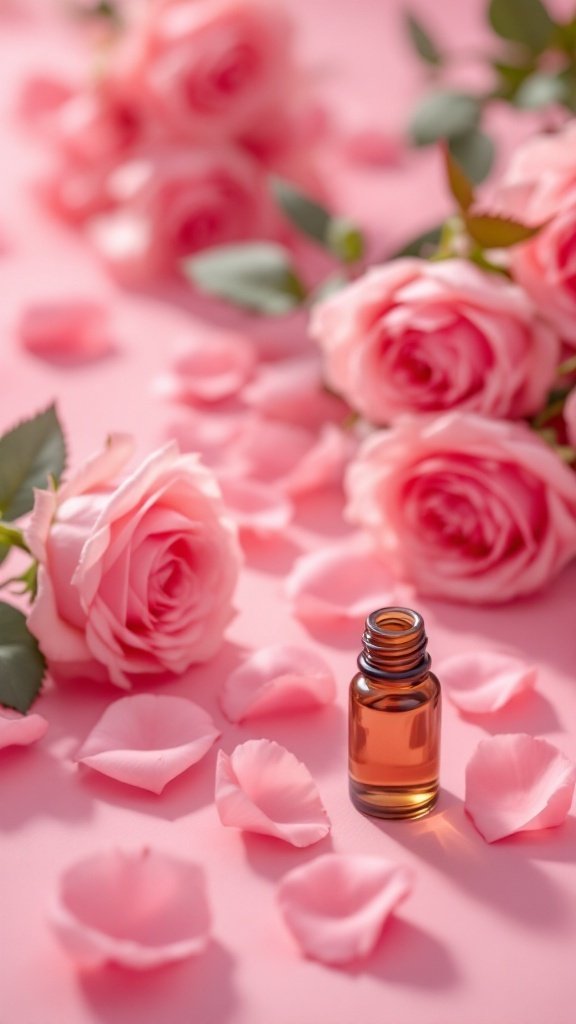 A bottle of rose essential oil surrounded by pink roses and rose petals on a pink background.