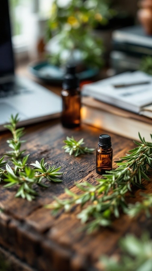 Rosemary sprigs and essential oil bottles on a wooden table