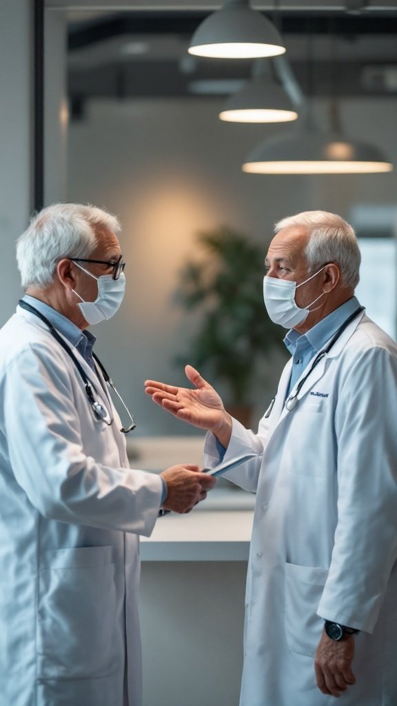 Two doctors in conversation, discussing patient health screenings.