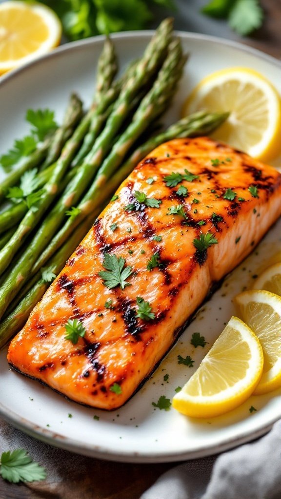 A plate of grilled salmon with asparagus and lemon slices