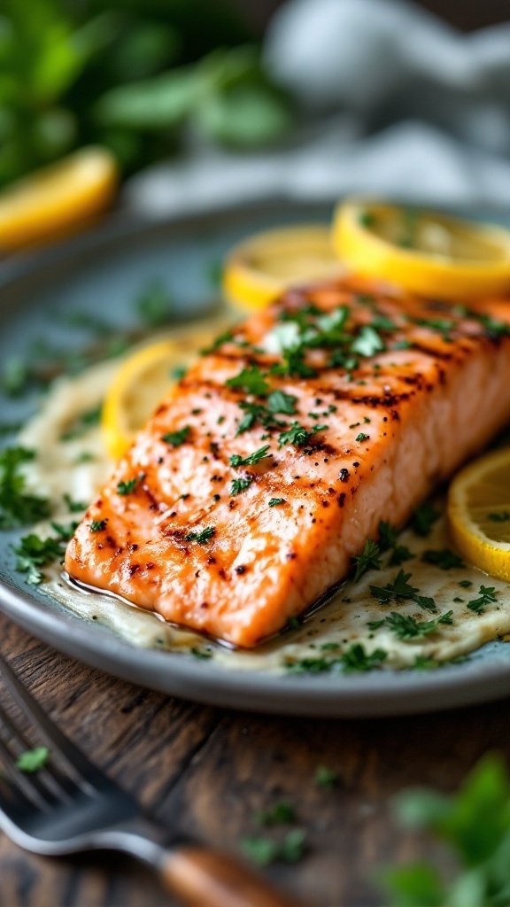 A beautifully cooked salmon fillet garnished with parsley and lemon slices on a plate.