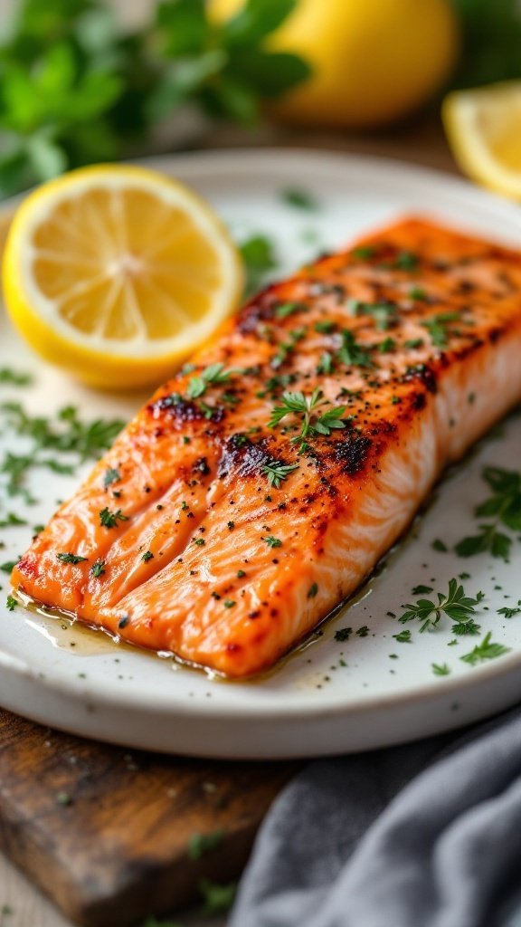 A beautifully cooked salmon fillet garnished with herbs and lemon slices on a plate.