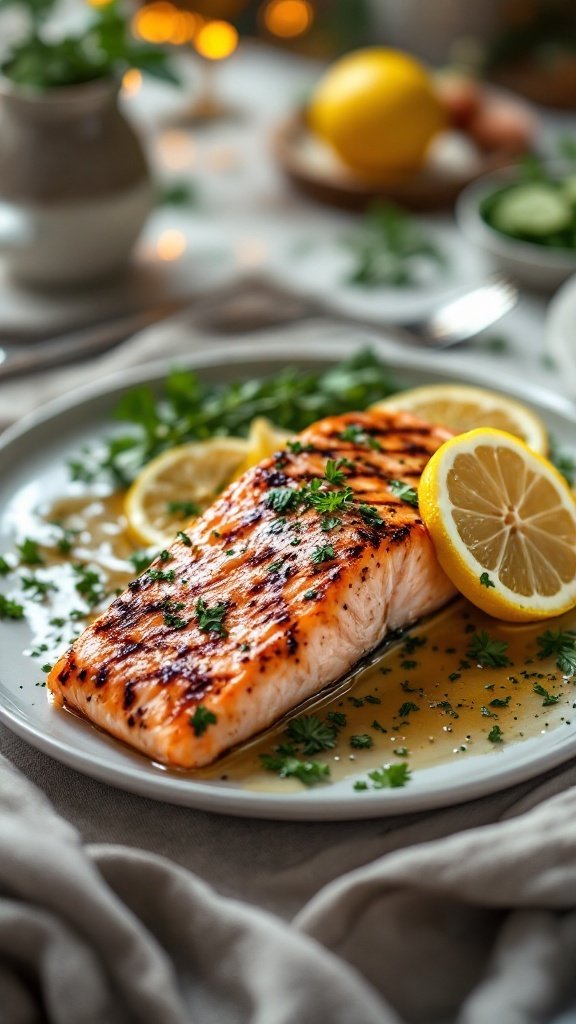 Grilled salmon fillet garnished with lemon slices and herbs on a plate