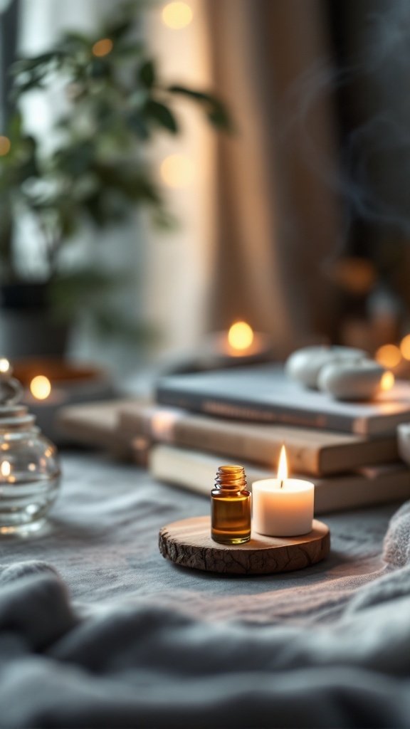 A small bottle of sandalwood essential oil next to a lit candle on a cozy table with books and a plant in the background.