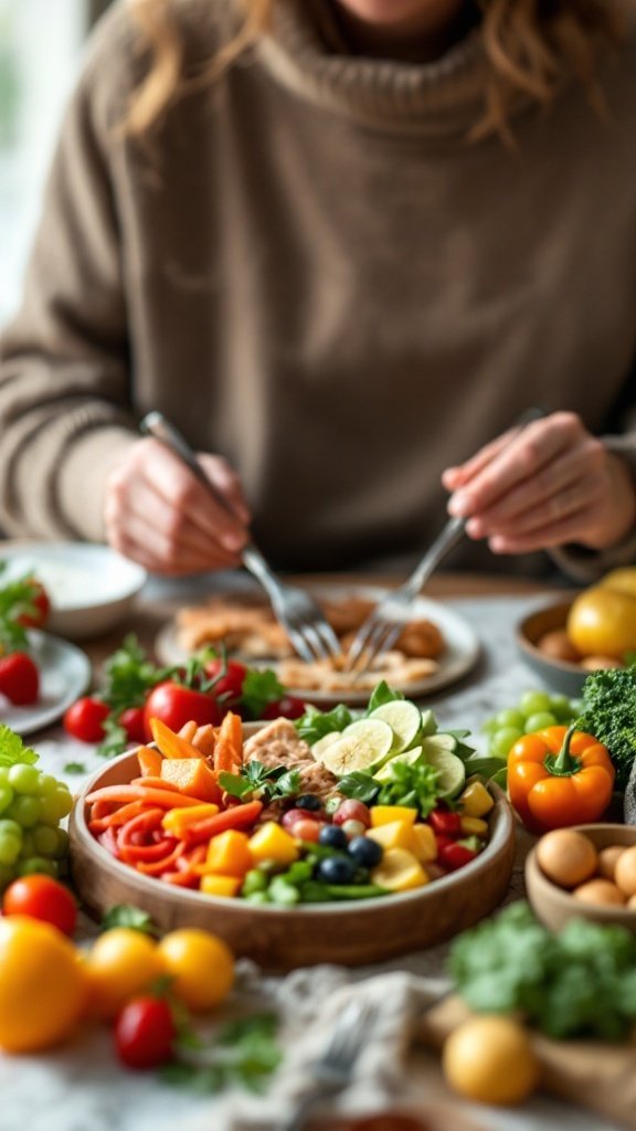 A person enjoying a colorful, healthy meal with fruits and vegetables.