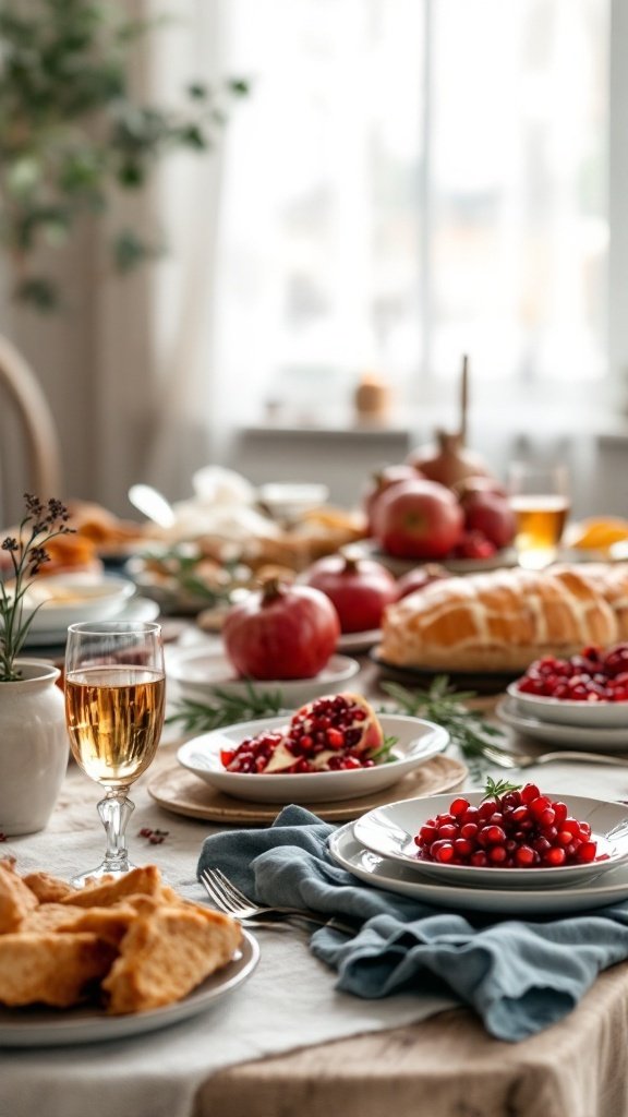 A festive table setting with pomegranates, fresh cranberries, baked goods, and drinks