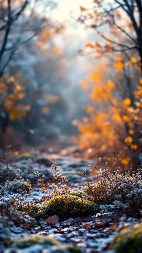A serene forest path with frost and vibrant orange leaves.