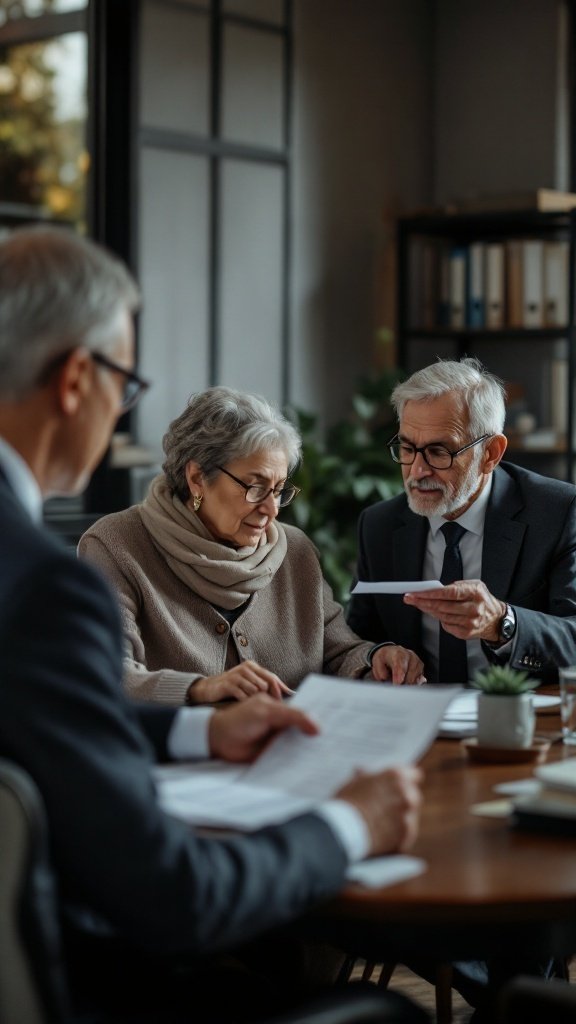Seniors discussing legal matters with professionals at a conference table.