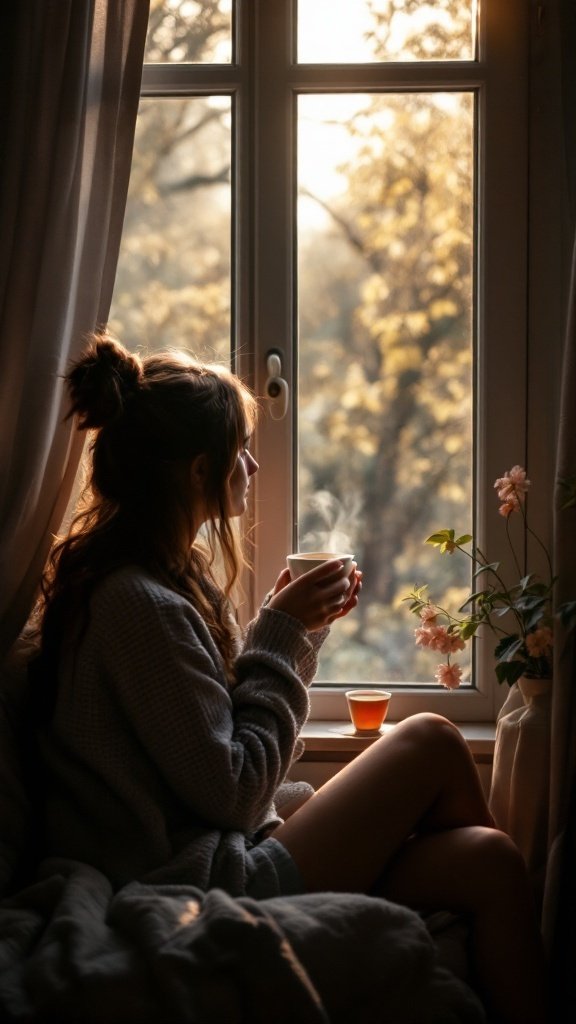 A woman sitting by a window, enjoying a cup of tea, with a cozy atmosphere and nature in the background.