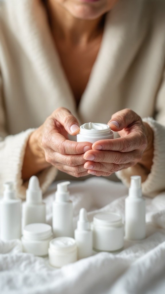 A woman holding a jar of cream in her hands, surrounded by various skincare products on a soft surface.