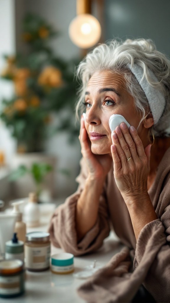 A mature woman applying toner to her face with a cotton pad, surrounded by skincare products.