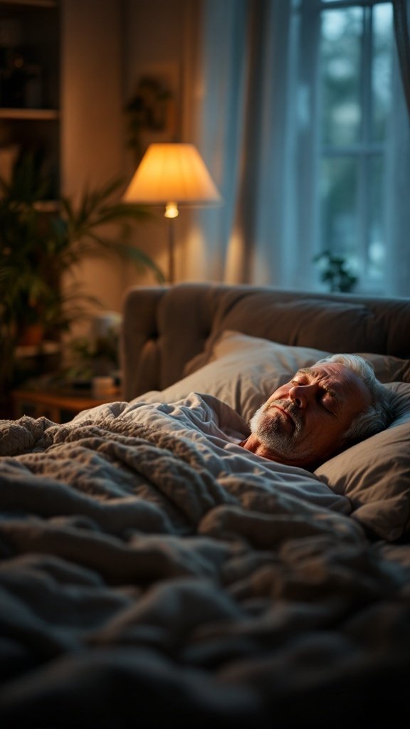 An older man sleeping peacefully in bed, illuminated by a warm lamp, surrounded by a cozy atmosphere.