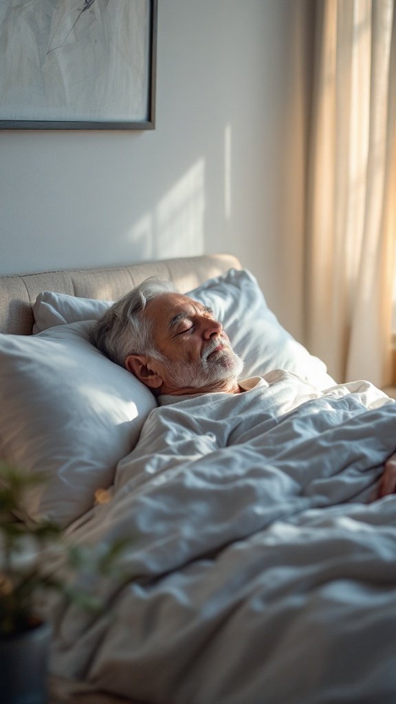 An older man sleeping peacefully in a well-lit bedroom, emphasizing the importance of sleep hygiene for seniors.