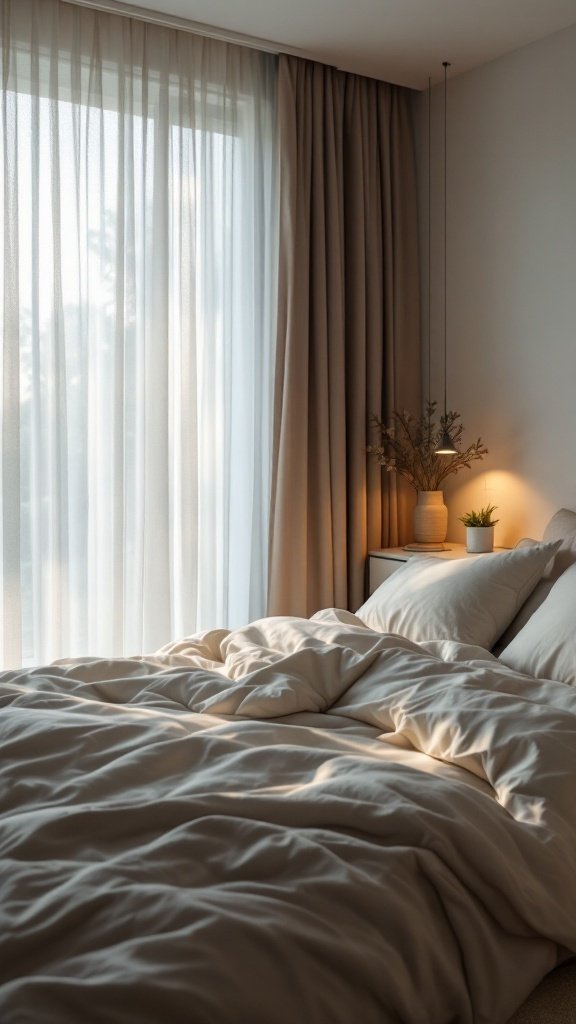 Cozy bedroom with soft bedding and sheer curtains letting in natural light