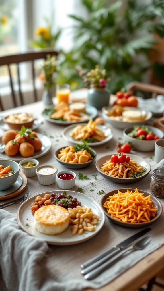 A dining table filled with a variety of small, colorful plates of food, including salads, pastas, and bread, set in a cozy environment.