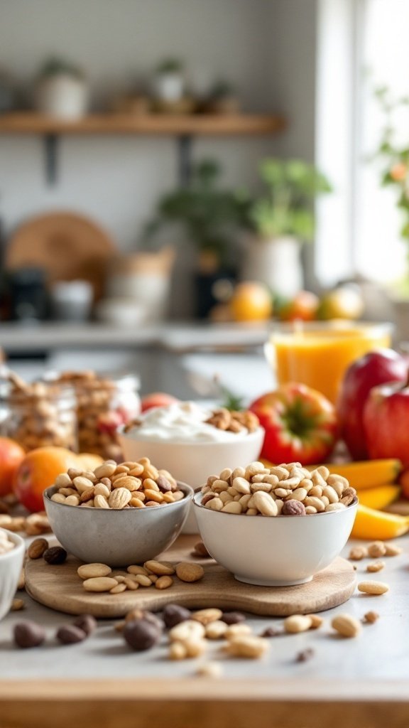 Various nutritious snacks including nuts, fruits, and yogurt on a kitchen table.