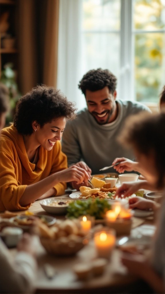 A group of people enjoying a meal together, laughing and sharing food around a table.