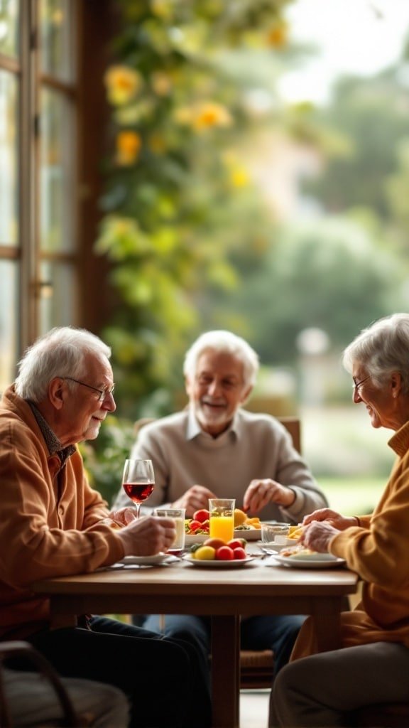 A group of elderly friends enjoying a meal together, promoting social connections.