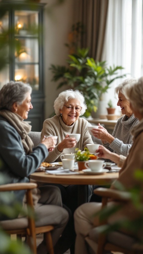 Four senior women enjoying tea together in a cozy setting.