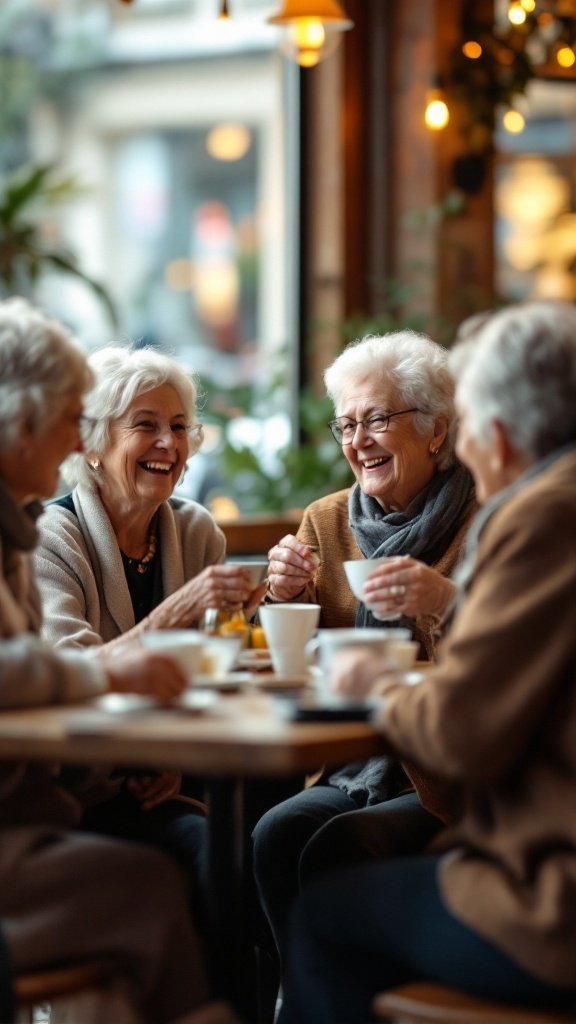 A group of senior women sitting together at a table, laughing and enjoying coffee in a cozy café.