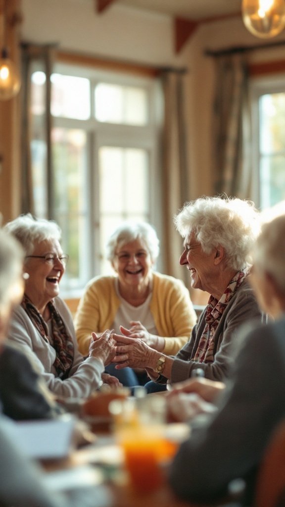 A group of happy seniors enjoying each other's company while sitting around a table.