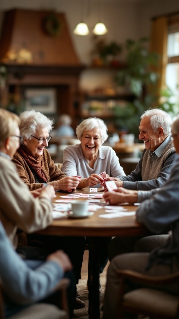 A group of seniors happily playing cards together at a table.