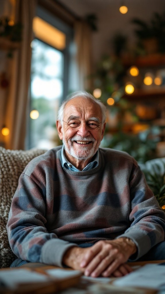 Smiling older man sitting in a cozy living room